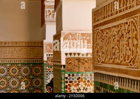 Ben Youssef Madrasa, chef-d'œuvre de l'art islamique et de l'architecture Marrakech, ville impériale du Maroc, Banque D'Images