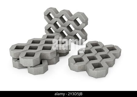 Finisseurs d'herbe en béton. Plusieurs blocs de grille ajourés isolés sur fond blanc - rendu 3D. Banque D'Images