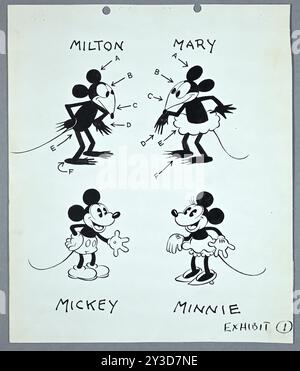 Preuve de dessins animés déposés lors d'une poursuite en droit d'auteur intentée par Walt Disney montrant les similitudes de Mickey et Minnie Mouse, avec Milton et Mary Mouse, créé par Pathe Exchange, Los Angeles, Californie, vers 1932. Photo du tribunal de district des États-Unis à Los Angeles Banque D'Images