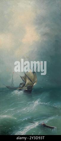 Voilier dans une tempête, copie d'après Ivan Aivazovsky, 1890-1920. Banque D'Images