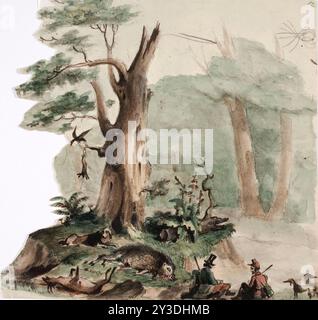 Deux chasseurs avec leurs chiens à côté du jeu de tir dans un paysage cool, 1850-1855. Banque D'Images