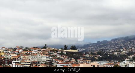 Une large vue panoramique sur la ville de funchal à madère avec des maisons et des collines couvertes d'arbres sous un ciel nuageux Banque D'Images