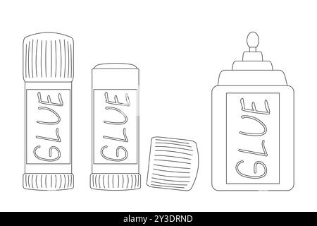 Dessin vectoriel de différents types de bouteilles de colle pour une utilisation scolaire. Parfait pour les projets éducatifs et à thème artisanal, le matériel de retour à l'école et le col Illustration de Vecteur