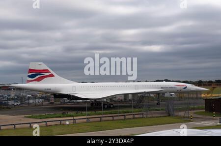 British Airways Concorde 'Alpha Bravo' exposé à l'aéroport d'Heathrow, Londres, Royaume-Uni Banque D'Images