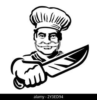 Heureux chef âgé avec couperet de viande. Illustration de cuisinier masculin dessinée à la main pour boucherie ou menu de restaurant Illustration de Vecteur