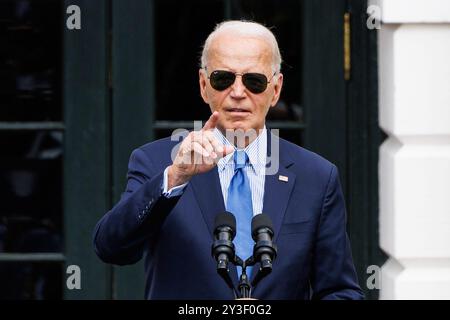 Washington, États-Unis. 13 septembre 2024. Le président Joe Biden prononce une allocution lors d'un événement célébrant l'excellence des noirs sur la pelouse sud de la Maison Blanche le vendredi 13 septembre 2024 à Washington DC (photo par Aaron Schwartz/Sipa USA) crédit : Sipa USA/Alamy Live News Banque D'Images