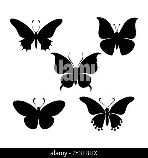 Ensemble vectoriel élégant d'icônes de papillon, élégant paquet de silhouettes de papillon noir, beau paquet vectoriel noir d'icônes de papillon. Illustration de Vecteur