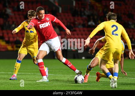 Londres, Angleterre. 13 septembre 2024. Miles Leaburn lors de la première League Cup U21 Group H match entre Charlton Athletic U21 et Leeds United U21 à The Valley, Londres. Kyle Andrews/Alamy Live News Banque D'Images