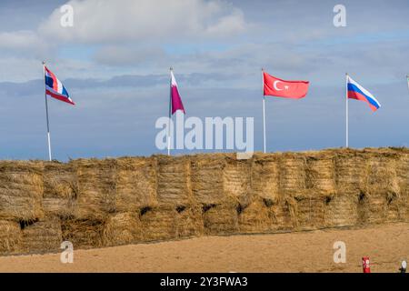 Les drapeaux de la Thaïlande, du Qatar, de la Turquie et de la Russie lors de la compétition World Nomad Games à Astana, la capitale de la République du Kazakhstan. Banque D'Images