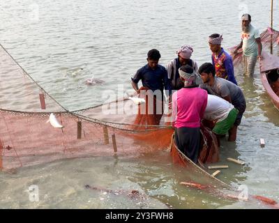 Pêcheurs locaux tirant des filets dans une pêche rurale, Bangladesh Banque D'Images