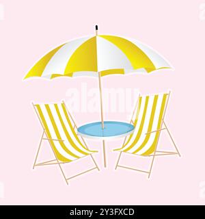 Chaise de table sous l'icône de parapluie illustration vectorielle. Paysage de plage avec un parasol de table, chaise. Chaise de plage et table avec parasol Illustration de Vecteur