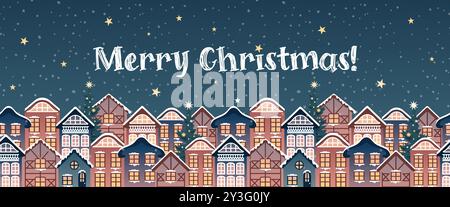 Une illustration vibrante et festive mettant en valeur un village confortable célébrant joyeusement Noël sous un ciel étoilé Illustration de Vecteur