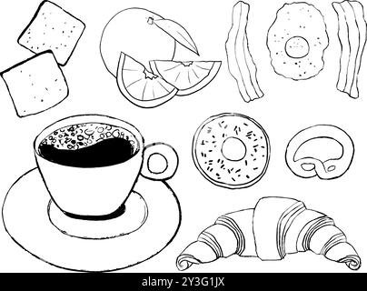 collection d'options de petit déjeuner illustration dessinée à la main, café, pains, œufs, bacon, orange, croissant Illustration de Vecteur