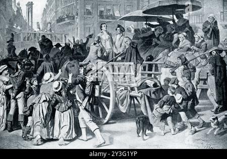 GIRONDISTES SUR LE CHEMIN DE LA GUILLOTINE.—la légende du début des années 1900 se lit comme suit : « le célèbre artiste Piloty nous a présenté ici tout le pathos et la tragédie mêlés de la Révolution française. Les Girondistes ou les Républicains modérés étaient les véritables héros du mouvement, mais ils étaient accusés par leurs rivaux anarchistes d'être des traîtres à la France, et tous leurs dirigeants furent exécutés. Nous voyons les héros conduits dans les rues de Paris (à l'affreuse guillotine qui se profile au loin. La rage les hante ; les vieilles femmes au bord de la route rient et jeûnent, mais avec des visages calmes et hauts, les Girondistes passent Banque D'Images