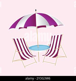 Chaise de table sous l'icône de parapluie illustration vectorielle. Paysage de plage avec un parasol de table, chaise. Chaise de plage et table avec parasol Illustration de Vecteur