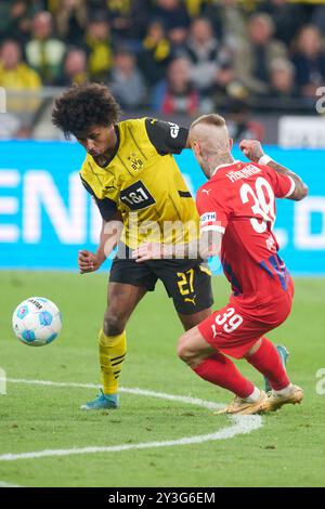 Dortmund, Allemagne. 13 septembre 2024. Football, Bundesliga, Borussia Dortmund - 1 FC Heidenheim, Journée 3, signal Iduna Park, Karim Adeyemi de Dortmund (l) et Niklas Dorsch de Heidenheim en action. Crédit : Bernd Thissen/dpa - NOTE IMPORTANTE : conformément aux règlements de la DFL German Football League et de la DFB German Football Association, il est interdit d'utiliser ou de faire utiliser des photographies prises dans le stade et/ou du match sous forme d'images séquentielles et/ou de séries de photos de type vidéo./dpa/Alamy Live News Banque D'Images