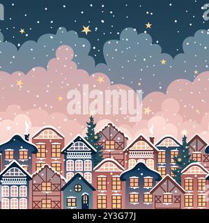 Une belle scène artistique représentant un village d'hiver confortable, avec des flocons de neige qui tombent et un ciel coloré. Illustration de Vecteur