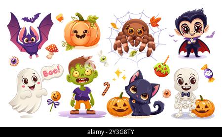 Ensemble d'illustration vectorielle d'Halloween avec mignon vampire, fantôme, zombie, chauve-souris, araignée, chat, squelette, citrouilles et bonbons Illustration de Vecteur