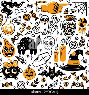 Halloween gribouille effrayante pour la saison. illustrations vectorielles dans le style esquisse. Potion, crâne, main de zombie, chapeau de sorcière, fantômes, personnages effrayants. Seaml Illustration de Vecteur
