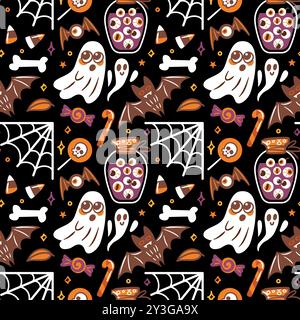 Un motif Halloweenthemed délicieux et ludique qui présente des fantômes fantaisistes, des chauves-souris et des friandises festives en abondance Illustration de Vecteur