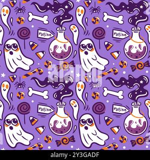 Un motif Halloweenthemed délicieux et ludique qui présente des fantômes fantaisistes, des chauves-souris et des friandises festives en abondance Illustration de Vecteur