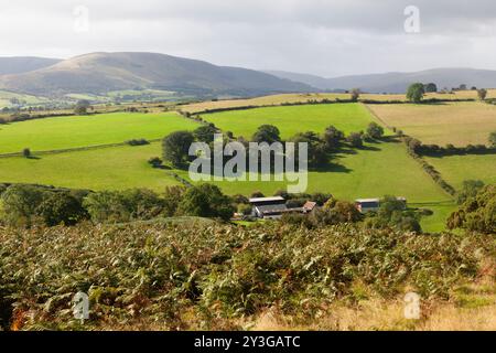 Vue de terres agricoles mixtes depuis le sommet de Mynydd Illtud, Brecon Beacons National Park, près de Brecon, Powys, pays de Galles, Royaume-Uni. Banque D'Images