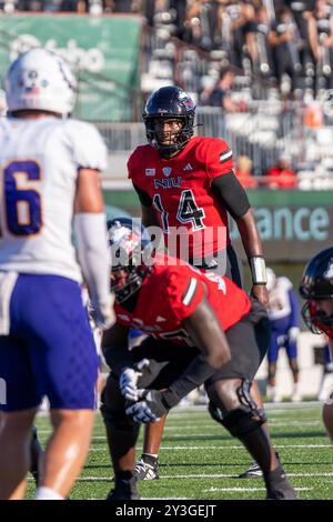 DeKalb, États-Unis. 31 août 2024. Jalen Macon (#14) en action lors de l'ouverture de la saison 2024 de la NCAA pour les Huskies de l'université Northern Illinois contre les Leathernecks de l'université Western Illinois au Huskie Stadium. Score final : NIU 54:15 WIU. (Photo de Raj Chavda/SOPA images/SIPA USA) crédit : SIPA USA/Alamy Live News Banque D'Images