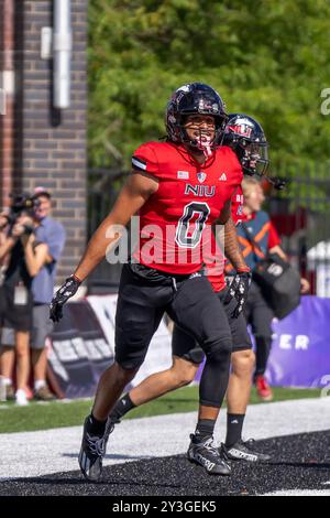 DeKalb, États-Unis. 31 août 2024. Cam Thompson (#0) vu lors de l'ouverture de la saison 2024 de la NCAA pour les Huskies de l'Université Northern Illinois contre les Leathernecks de l'Université Western Illinois au Huskie Stadium. Score final : NIU 54:15 WIU. (Photo de Raj Chavda/SOPA images/SIPA USA) crédit : SIPA USA/Alamy Live News Banque D'Images