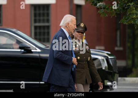 Washington, États-Unis. 13 septembre 2024. Le président des États-Unis Joe Biden embarque à bord du Marine One à Fort Lesley J. McNair en route pour Wilmington, Delaware le 13 septembre 2024. Photo de Chris Kleponis/Pool/Sipa USA crédit : Sipa USA/Alamy Live News Banque D'Images