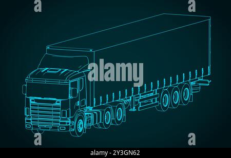 Illustration vectorielle stylisée des plans isométriques d'une remorque de semi-camion Illustration de Vecteur