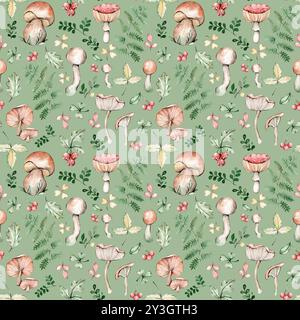 Modèle sans couture avec champignons aquarelle, feuilles, baies et fougère Banque D'Images
