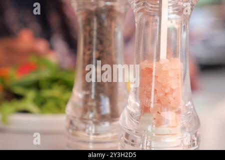 Délicieux salière et poivrière accompagnés d'un délicieux repas présenté sur table Banque D'Images