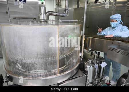 SUQIAN, CHINE - 13 SEPTEMBRE 2024 - Un travailleur produit du diclofénac sodique injecté dans une entreprise pharmaceutique de Suqian, province du Jiangsu, Chine, sept Banque D'Images