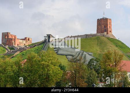Vilnius, Lituanie. 13 septembre 2024. Le tableau géant de Land art intitulé 'Beyond Walls' de l'artiste franco-suisse Saype (Guillaume Legros) est vu sur la pente de la colline de Gediminas à Vilnius. La murale représentant deux mains serrées symbolise la coopération culturelle entre la Lituanie et la France et proclame l'idée d'unité humaine. Les peintures utilisées par l’artiste sont respectueuses de l’environnement et sont composées de pigments biodégradables à base de charbon de bois, de craie, d’eau. (Photo de Yauhen Yerchak/SOPA images/SIPA USA) crédit : SIPA USA/Alamy Live News Banque D'Images
