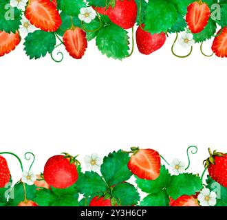 Une belle image d'une bordure de fraise vibrante avec des feuilles vertes et des fleurs blanches sur un fond blanc propre. Bordure transparente isolée pour la conception d'un livret, d'un flyer, d'un e-pack, d'une étiquette ou d'une publicité. Art numérique dans le style aquarelle. Banque D'Images