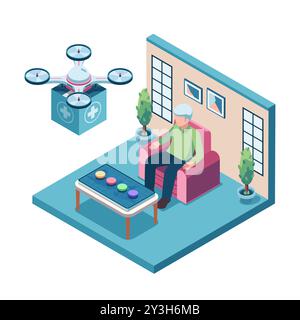 Drone isométrique délivrant des fournitures médicales au patient à domicile. Concept de télémédecine et de drone délivrant des médicaments Illustration de Vecteur