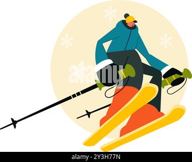 Illustration vectorielle de ski mettant en vedette des skieurs glissant sur une montagne à une station de ski dans un fond de dessin animé de style activités de sports d'hiver plat Illustration de Vecteur