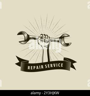 Illustration vectorielle de logo de mécanicien dans le style vintage, concept de logo de service de réparation de voiture. Logo vintage dessiné à la main pour atelier de service automobile Illustration de Vecteur