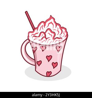 Tasse coeur rose avec crème fouettée et paille - illustration vectorielle Illustration de Vecteur