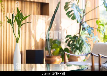 A la maison, jardin intérieur avec plante de bambou en vase sur table en verre, entouré de verdure Banque D'Images