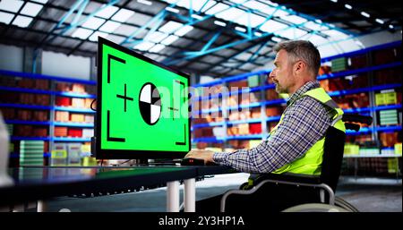 Ingénieur utilisant le moniteur PC avec écran vert à l'entrepôt Banque D'Images