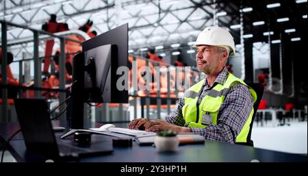 Ingénieur utilisant le PC dans la chaîne d'assemblage automatisée d'usine de voiture Banque D'Images