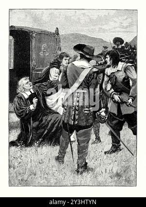 Une ancienne gravure de l'assassinat de l'archevêque de St Andrews James Sharp (ou Sharpe), Magus Muir, Fife, Écosse, Royaume-Uni en 1679. Il est tiré d'un livre d'histoire victorienne de c.1900. James Sharp (ou Sharpe 1618–1679) est un ministre de l'Église d'Écosse et archevêque de St Andrews. Le 2 mai 1679, un groupe de covenantaires, membres d’un mouvement religieux et politique, qui soutenait une Église presbytérienne d’Écosse, dirigée par David Hackston et son beau-frère, John Balfour de Kinloch, intercepta l’entraîneur de Sharp. Sharp a été poignardé devant sa fille Isabella, avant d'être touché à la poitrine. Banque D'Images