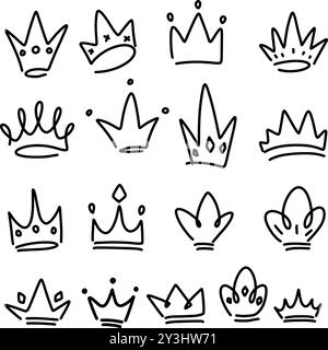 Série d'illustrations de la couronne dans l'esquisse style. Symboles de Corona. Tiara d'icônes. Illustration de Vecteur