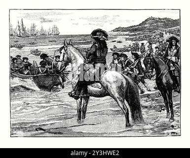 Une vieille gravure de l'armée française quittant Torbay, Devon, Royaume-Uni en 1690 juste après avoir attaqué Teignmouth. Il est tiré d'un livre d'histoire victorienne de c.1900. Pendant la guerre de neuf ans, une flotte française a utilisé Torbay pour lancer l'attaque dévastatrice sur Teignmouth. Après l'attaque, alors que la flotte française pesait l'ancre et passait devant Berry Head. La guerre de neuf ans fut un conflit de grande puissance européenne de 1688 à 1697 entre la France et la Grande Alliance (composée de l’Angleterre, de la République néerlandaise, de plusieurs états allemands). Banque D'Images