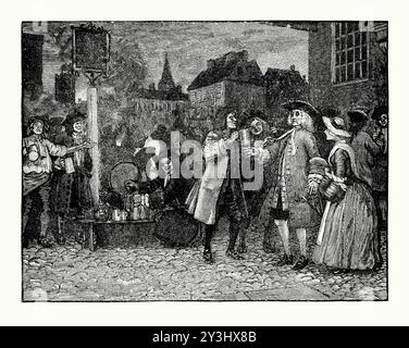 Une vieille gravure d'une scène typique à l'extérieur d'un pub, taverne ou alehouse en Grande-Bretagne vers 1700. Il est tiré d'un livre d'histoire victorienne de c.1900. Les tavernes étaient une partie aussi importante de toute ville ou village. Sous le signe du pub se trouve un homme dessinant la bière à partir d'un tonneau marqué «Meux» - ce qui signifie mature. Ici, les buveurs portent un toast au docteur Henry Sacheverell. Sacheverell (1674-1724) est un ecclésiastique anglican anglais qui a atteint la renommée après avoir critiqué le gouvernement whig. Jugé et reconnu coupable, sa punition est légère et il devient une figure populaire, contribuant à une victoire des conservateurs aux élections générales de 1710 Banque D'Images