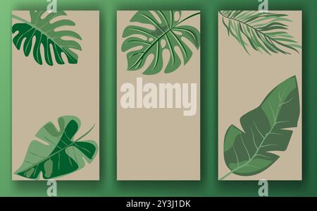 Ensemble de trois modèles sur le thème botanique pour les publications de médias sociaux, avec des feuilles vertes sur fond beige, affichées sur fond vert Illustration de Vecteur