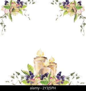 Fleur d'hellebore, vrilles de vigne lierre, baies noires. Aquarelle illustration dessinée à la main, cadre d'angle décoratif isolé sur blanc. Noël, heureux nouveau Banque D'Images