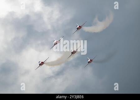 L'équipe d'exposition acrobatique de la Swiss Air Force patrouille Suisse a fait un saut dans ses chasseurs Northrop F-5E Tiger Jet au RIAT Banque D'Images