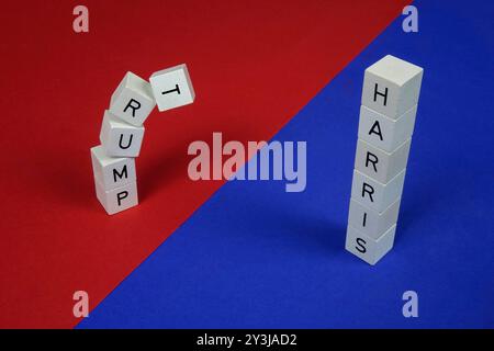 Buchstabenwürfel mit Trump und Harris Buchstabenwürfel mit Trump und Harris, 13.09.2024, Borkwalde, Brandenburg, Auf roten und blauen Untergrund befinden sich Buchstabenwürfel mit den Schriftzügen Trump und Harris. *** Cube de lettres avec Trump et Harris cube de lettres avec Trump et Harris, 13 09 2024, Borkwalde, Brandebourg, sur fond rouge et bleu sont des cubes de lettres avec les lettres Trump et Harris Banque D'Images